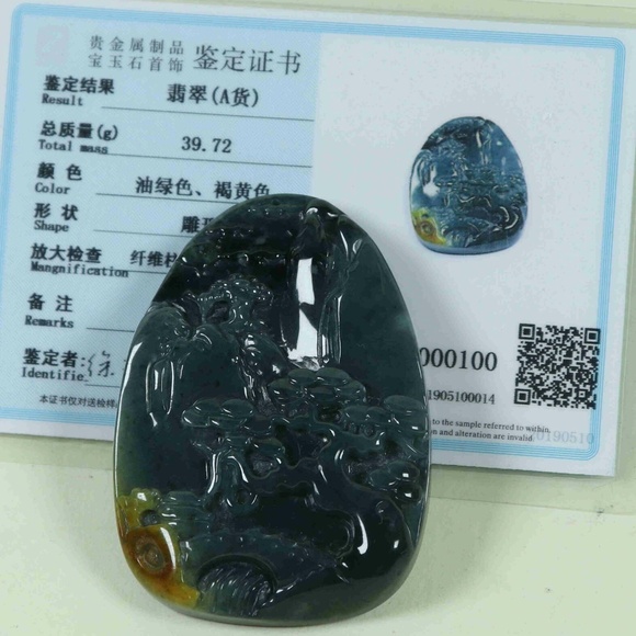 Cert'd Dark Green Natural A JADE jadeite Carved 2-sided Pendant Old pine - Picture 9 of 11